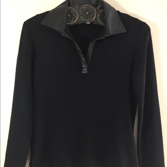 Geoffrey Beene Women Sweater Leather Collar Black Medium Silk Blend - Picture 2 of 10